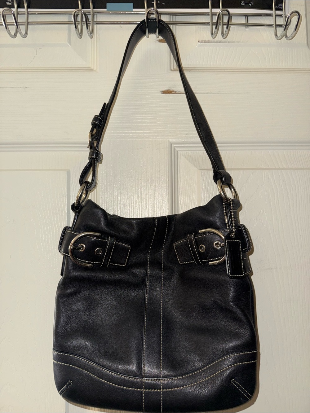 Coach Black Leather Shoulder Bag with Buckle Accents